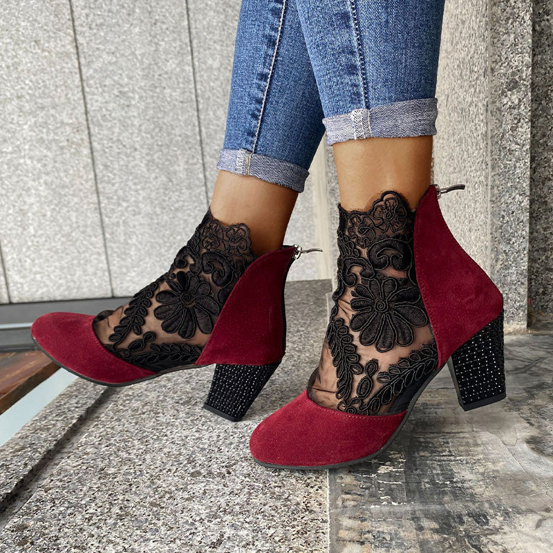 Luxurious ladies' ankle boots, perfect for dressy occasions, with elegant lace embroidery & comfortable block heels.