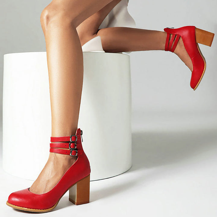 Secure ankle strap block heels for women, elegant closed toe design, comfortable for all-day wear.
