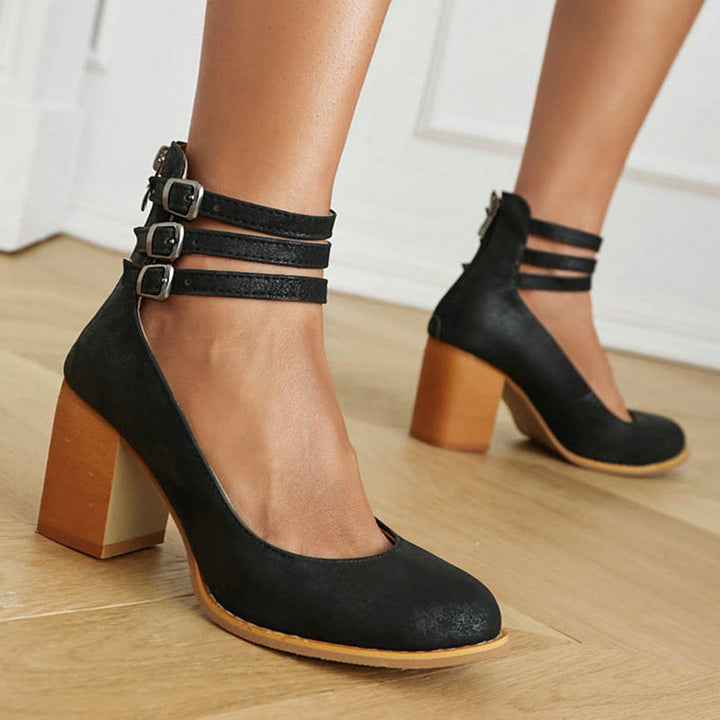 Black elegant closed toe block heels with ankle strap, perfect comfortable party shoes.