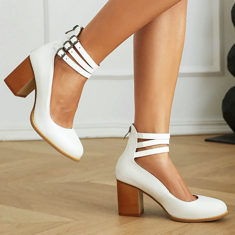 Stylish brown women's block heels, comfortable ankle strap & closed toe dress shoes.