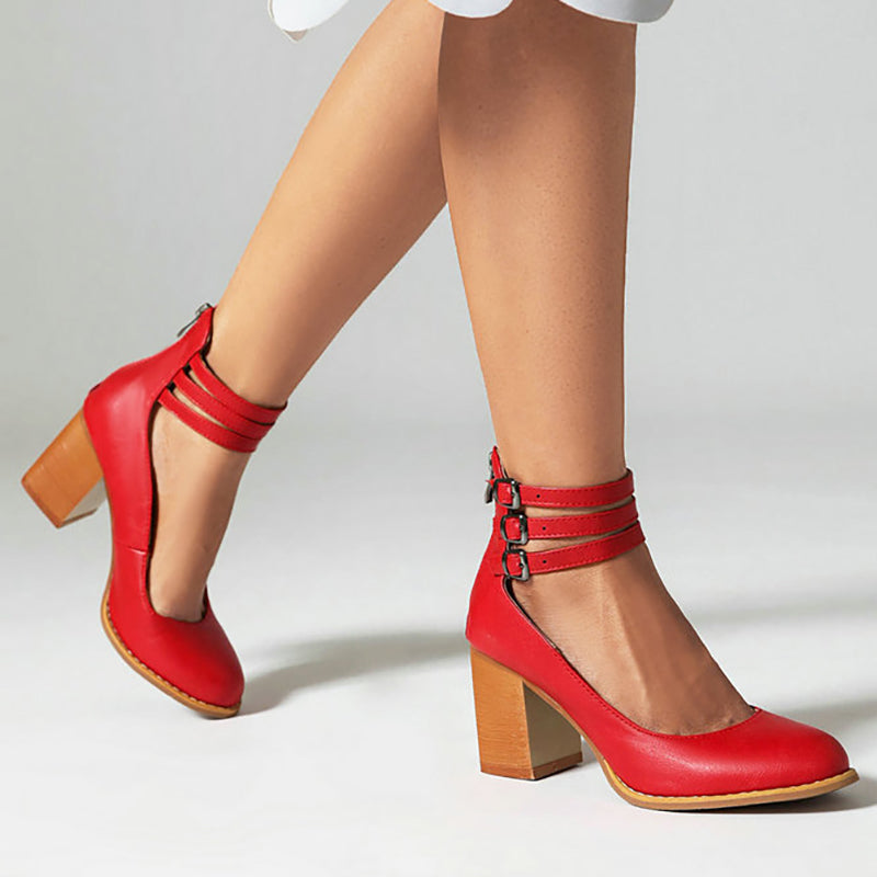 Fashionable white closed toe block heels for women, elegant ankle strap and sturdy block heel.