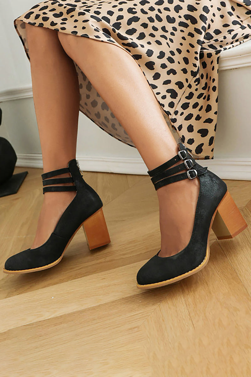 Front view: Stylish brown closed toe block heels, comfortable and elegant for women.