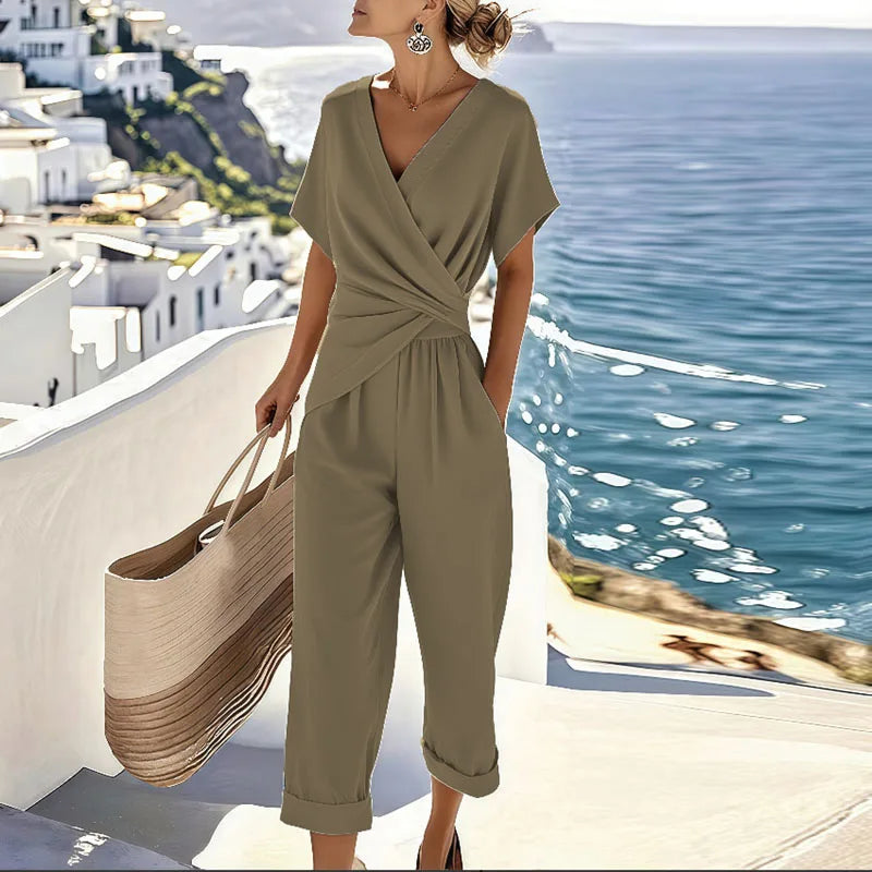 Stylish khaki plus size women's two-piece set. Elegant, comfortable, and versatile loungewear/casual outfit.