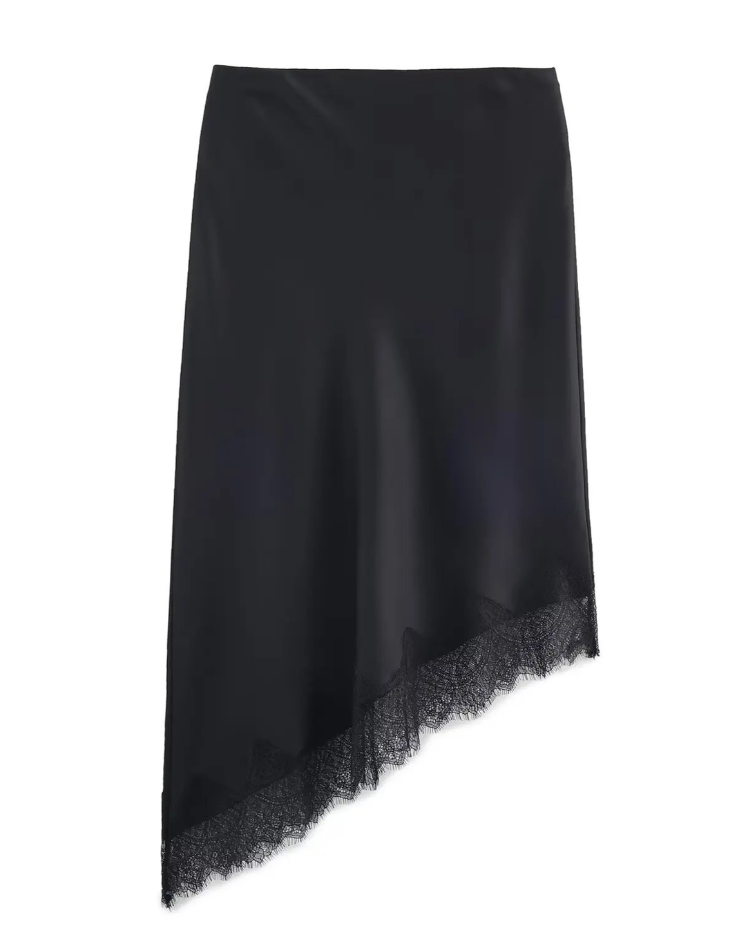 Elegant women's asymmetric hem skirt in black, perfect for modern office wear or chic evening fashion.