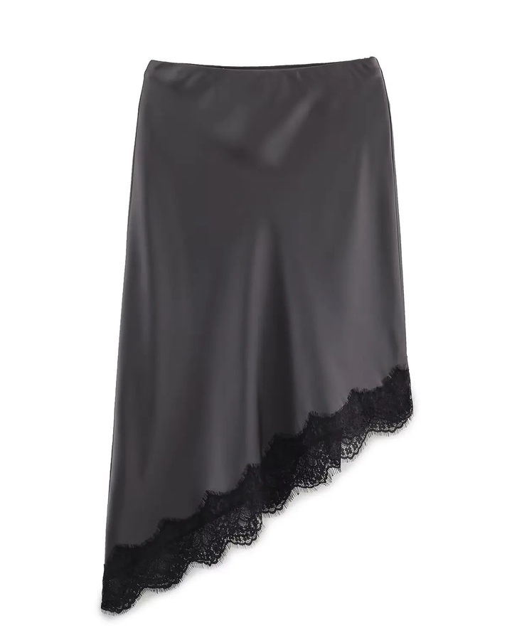 Chic dark grey asymmetric hem skirt for women, a feminine and sophisticated choice for any modern outfit.