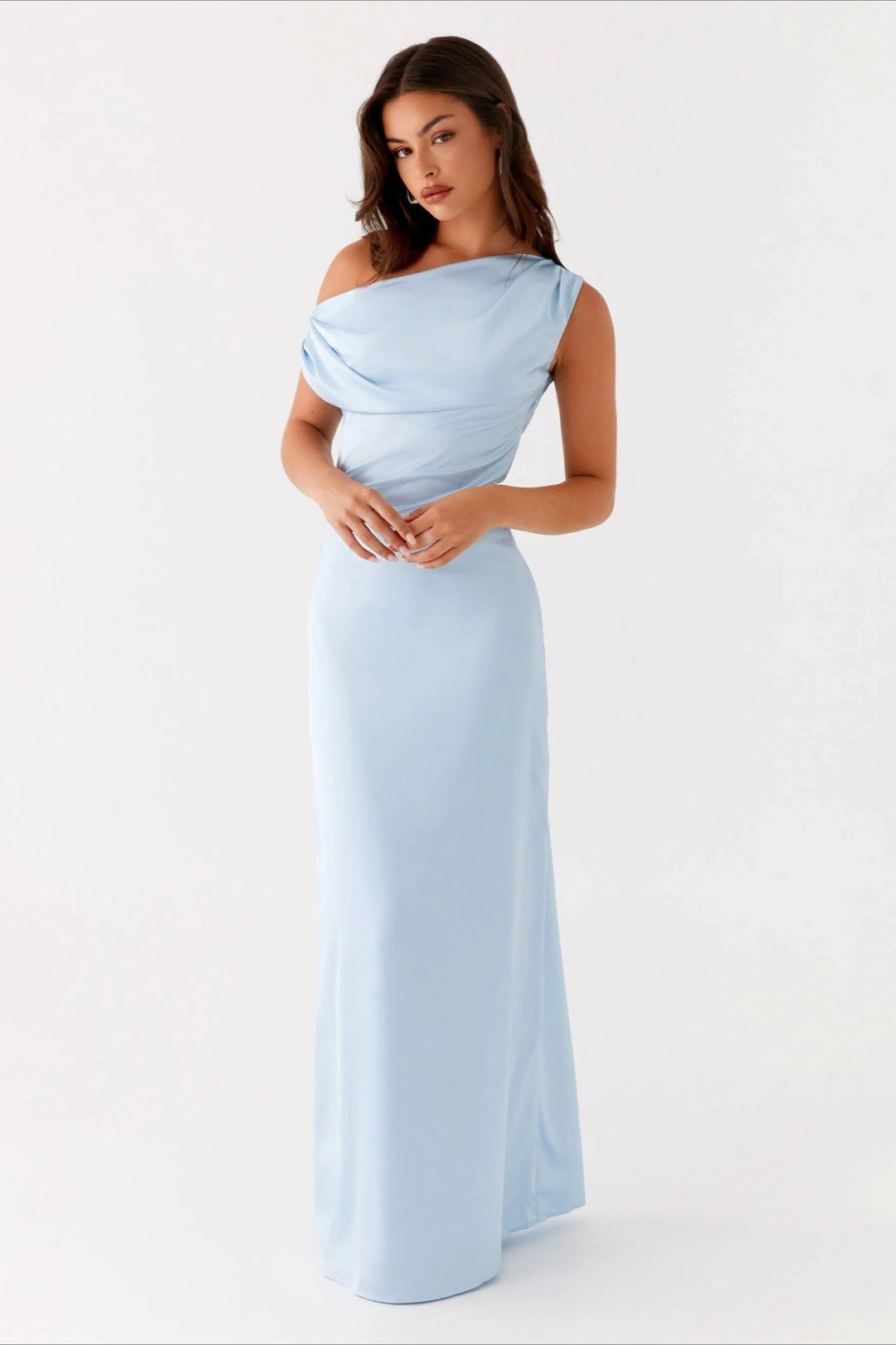 Elegant women's asymmetric one-shoulder maxi dress in solid color
