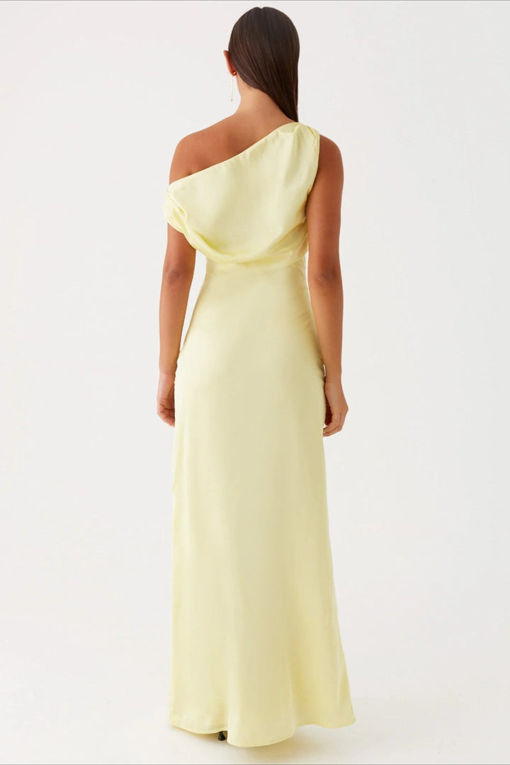 Women's formal sheath maxi dress with a unique one-shoulder cut