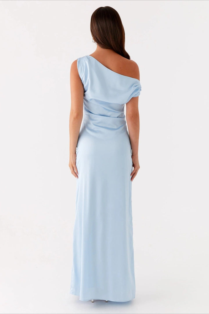 Versatile party dress, solid color maxi with elegant asymmetric neckline