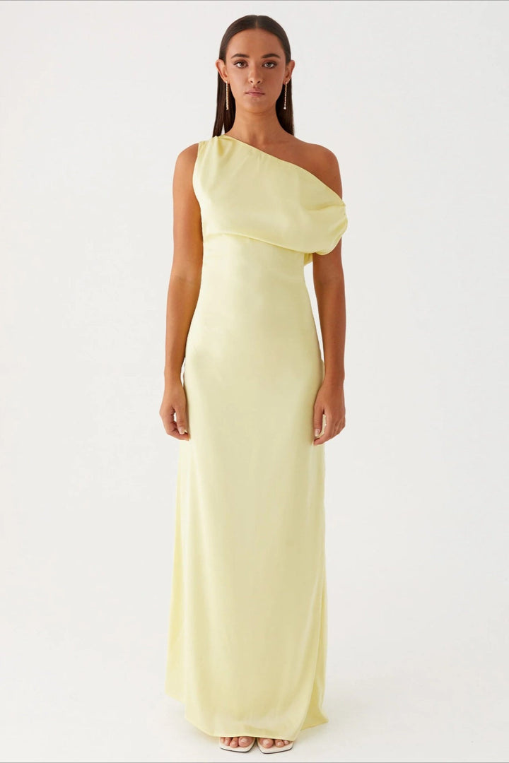 Women's formal one-shoulder maxi dress with a flattering high waist
