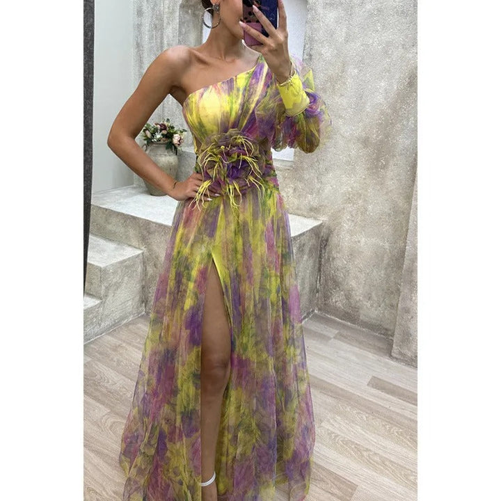 Elegant women's asymmetrical floral maxi dress, ideal for summer parties & special occasions.
