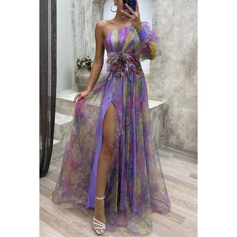 Chic women's long floral evening gown, asymmetrical maxi design for elegant parties & special occasions.