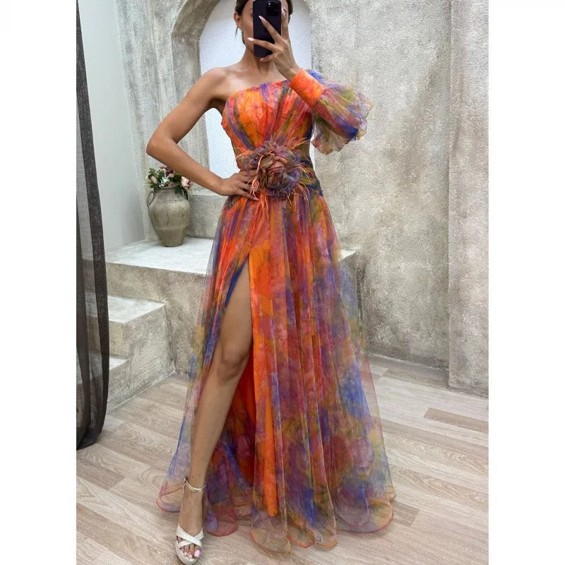 Lightweight women's asymmetrical floral maxi dress, flowing fabric perfect for elegant summer events.