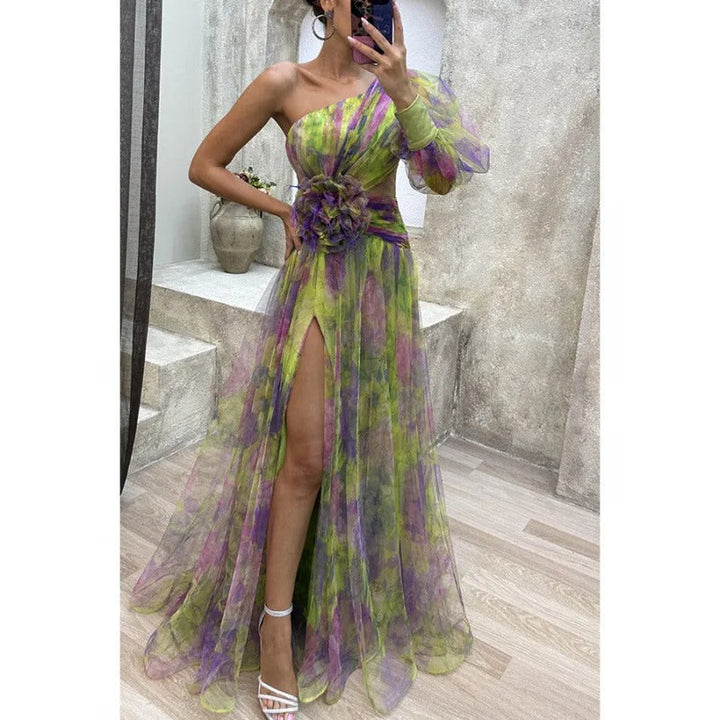 Stunning women's floral maxi dress with an elegant asymmetrical cut, perfect for evening wear & summer parties.
