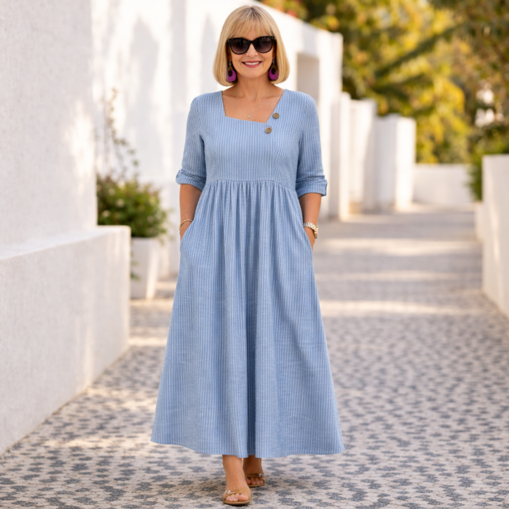 Women's elegant midi dress featuring a chic asymmetrical hem. Versatile fashion for any event.