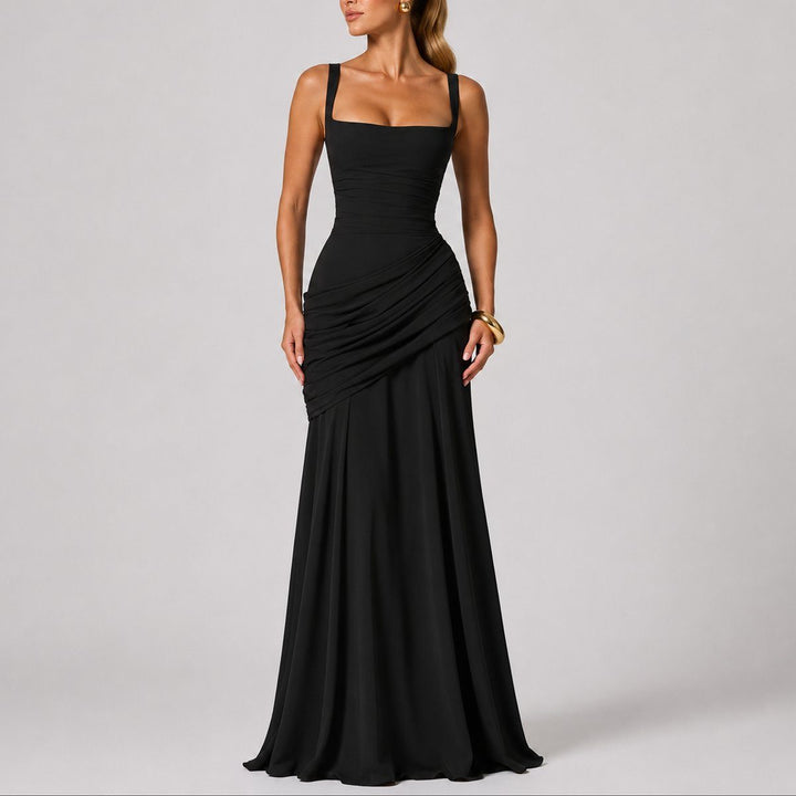 Elegant women's autumn wedding guest maxi dress with ruching & square neck, perfect for fall formal events.