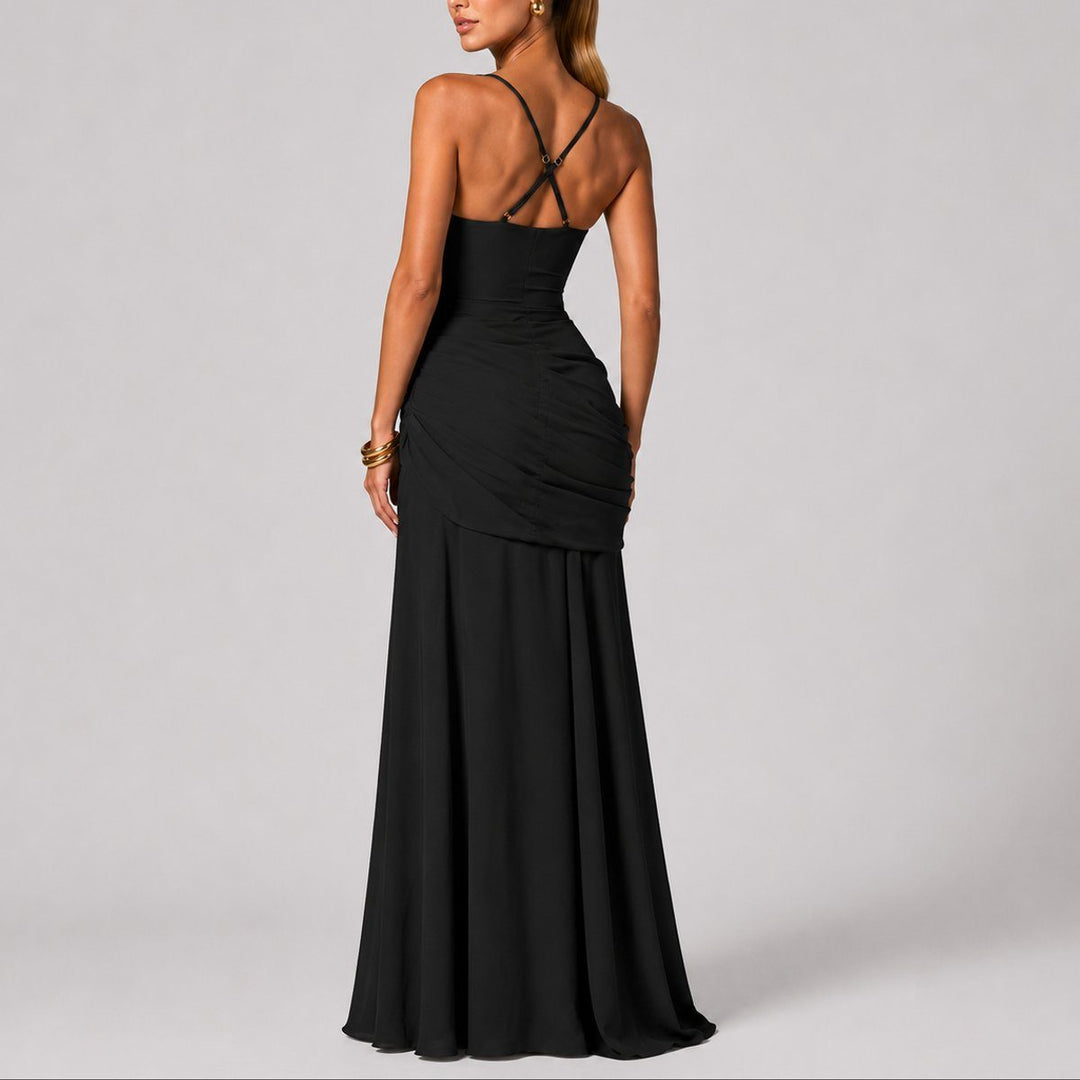 Long ruched maxi dress for women, featuring a square neck & elegant design, ideal for autumn special occasions.