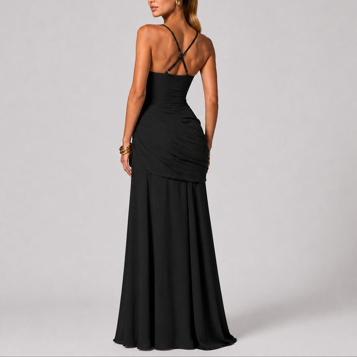 Long ruched maxi dress for women, featuring a square neck & elegant design, ideal for autumn special occasions.