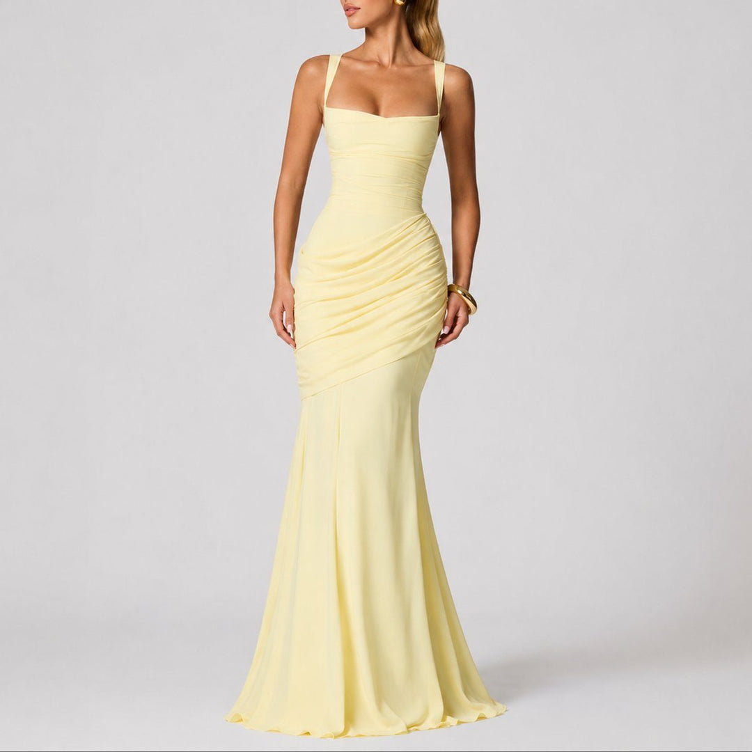 Fall fashion women's formal maxi dress with ruched details, suitable as an autumn wedding guest or evening gown.