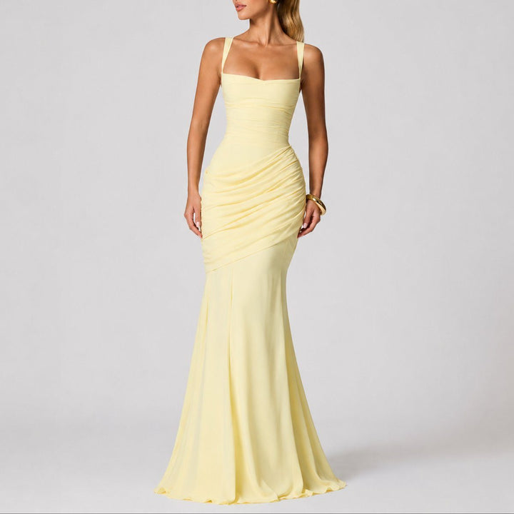 Fall fashion women's formal maxi dress with ruched details, suitable as an autumn wedding guest or evening gown.