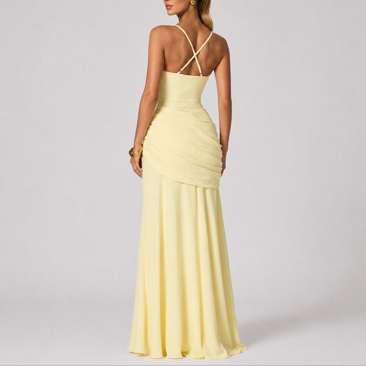 Sophisticated women's ruched maxi dress for elegant autumn wedding guests or formal evening events.