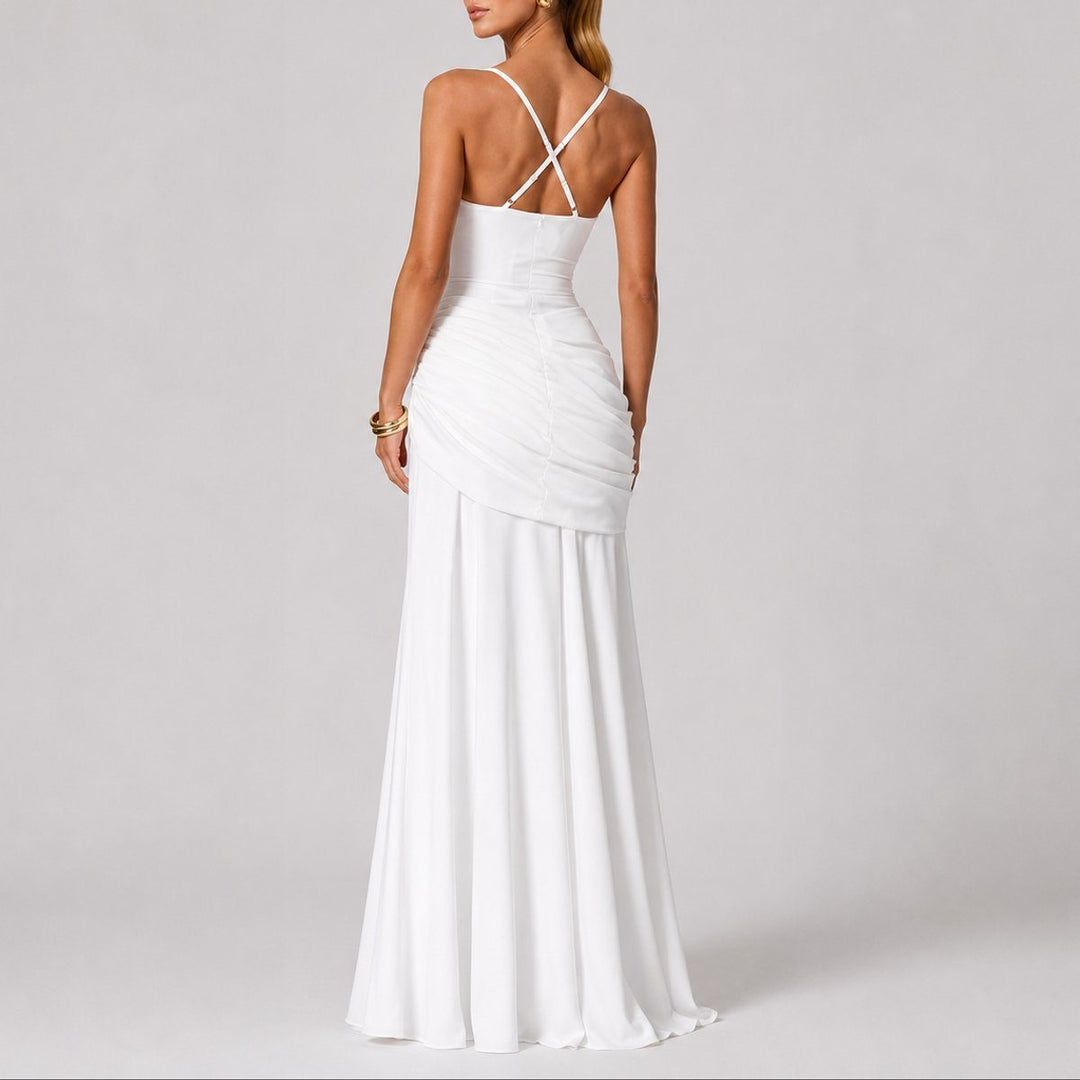 Versatile women's ruched maxi dress, ideal for autumn wedding guests, cocktail parties, or formal evening events.