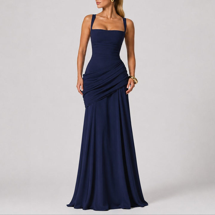 Stylish women's long ruched maxi dress with a square neck, perfect for autumn weddings & formal guest attire.