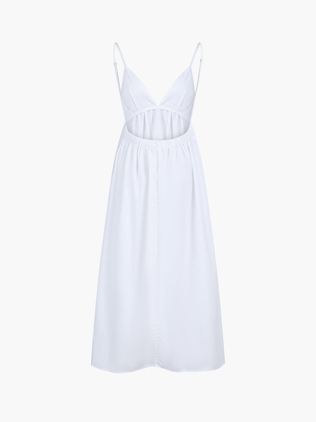 Sophisticated women's midi dress: V-neck, A-line silhouette, backless detail, and sleek spaghetti straps.