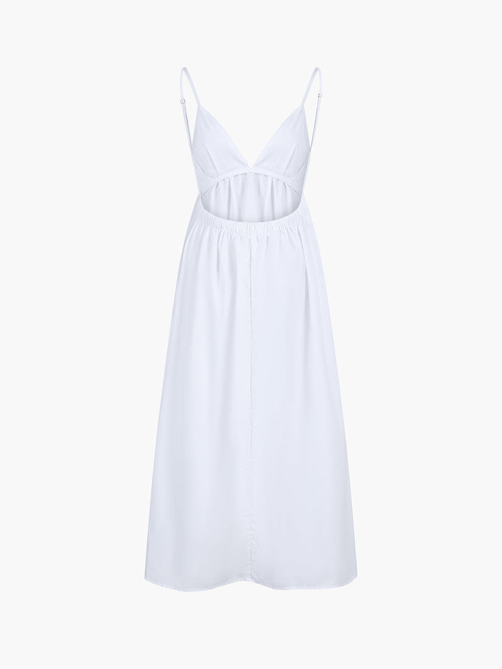 Sophisticated women's midi dress: V-neck, A-line silhouette, backless detail, and sleek spaghetti straps.