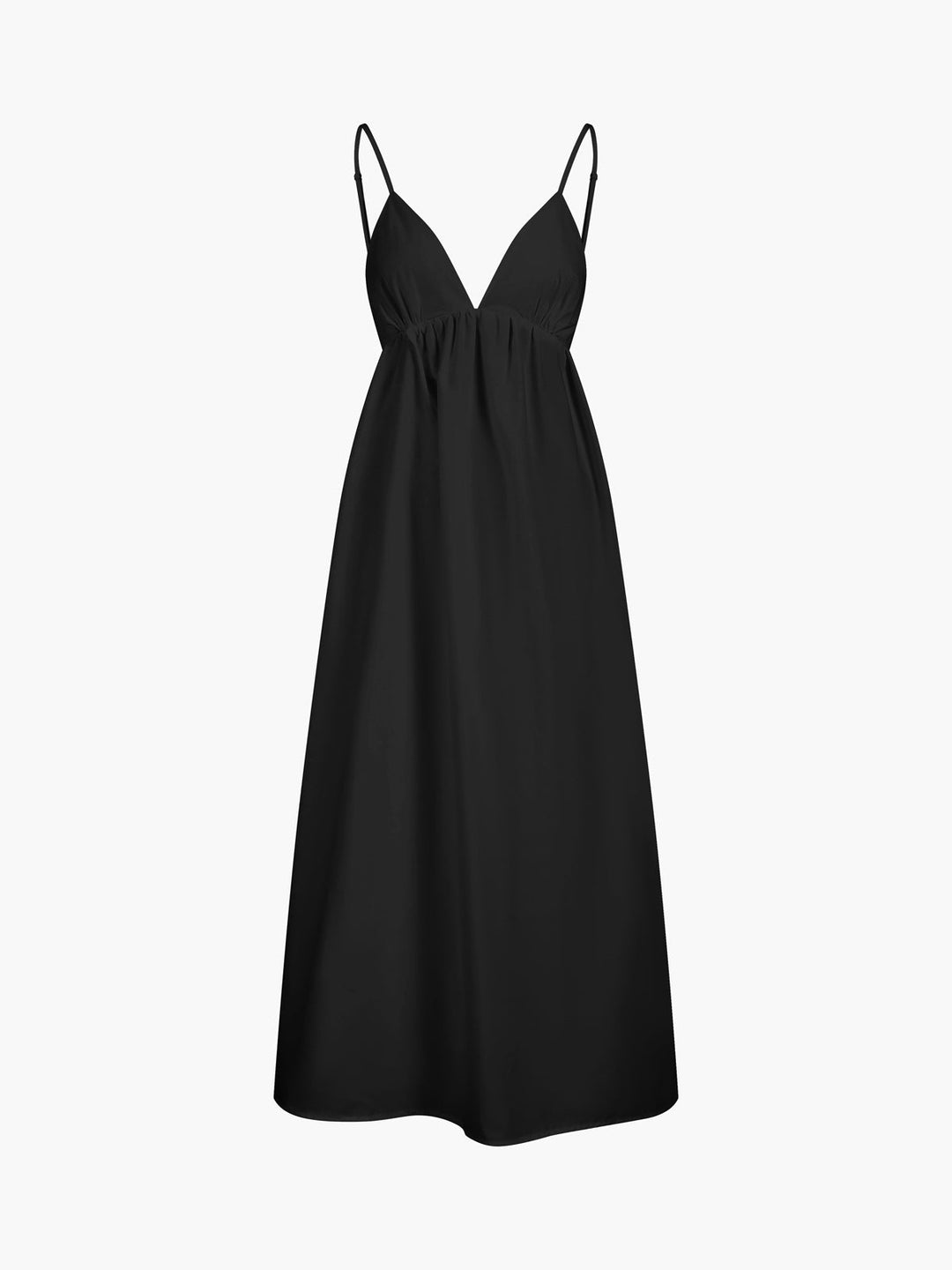 Flattering women's V-neck A-line midi dress, sleeveless and backless, featuring delicate spaghetti straps.