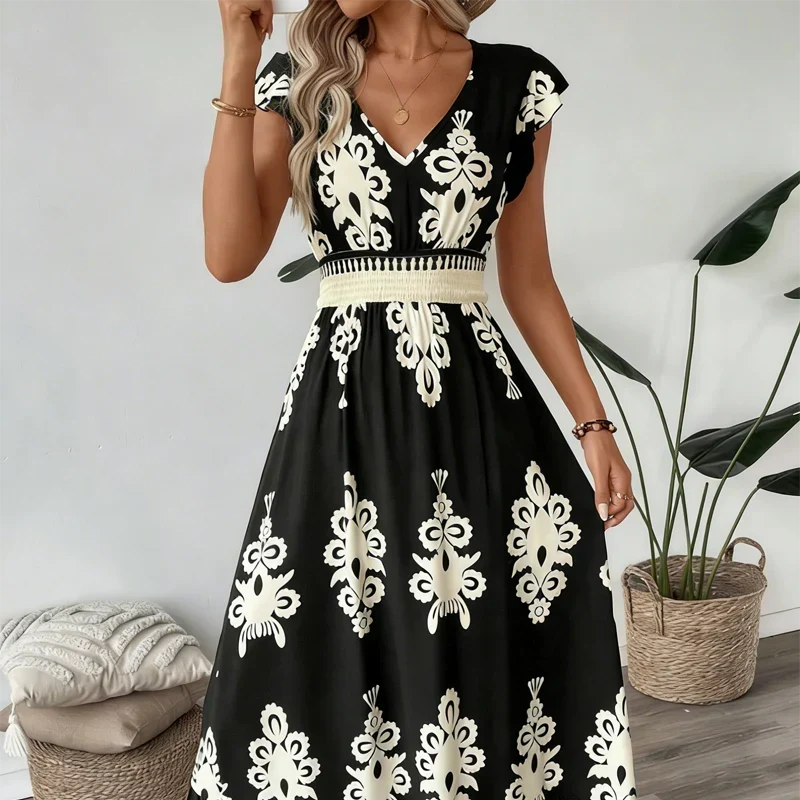 Sophisticated women's baroque print V-neck maxi dress, an elegant long dress for special occasions.