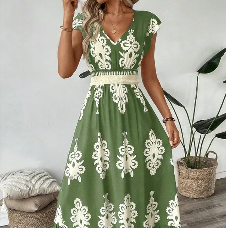 Striking baroque print V-neck maxi dress for women, an elegant long flowing summer vacation dress.