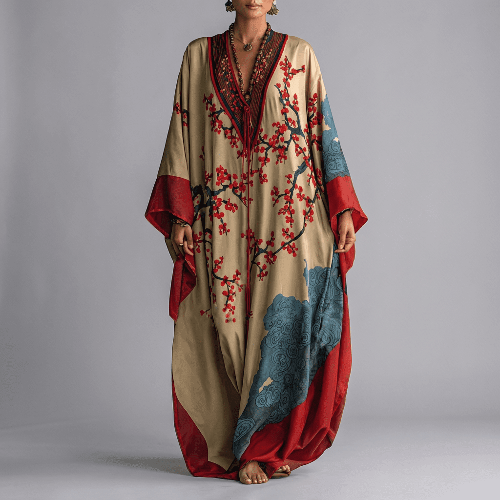 Elegant women's beige batwing maxi dress with beautiful plum blossom floral print, perfect for summer fashion.