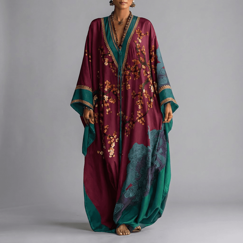 Flowy plum blossom print batwing maxi dress for women, offering an elegant style and comfortable wear.