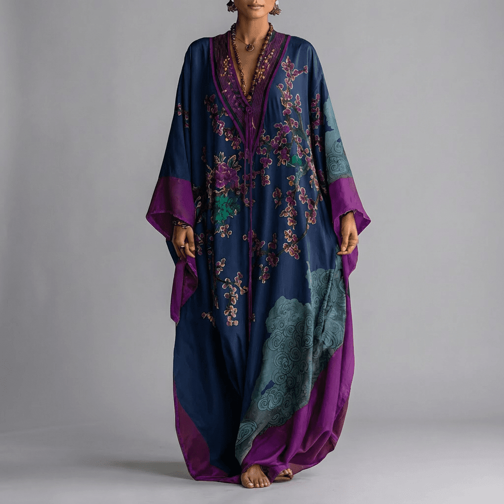 Women's long batwing dress featuring a delicate plum blossom floral print. Versatile for elegant summer occasions.