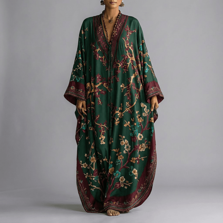 Comfortable women's elegant plum blossom floral print batwing maxi dress, ideal for various events.
