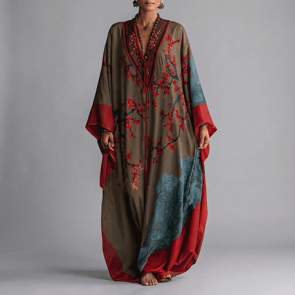 Chic beige women's maxi dress with elegant plum blossom floral print and stylish batwing sleeves.