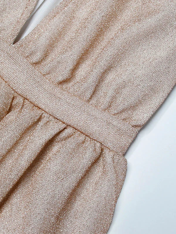Women's long sleeve V-neck shimmer wrap maxi dress in beige, an elegant choice for formal parties.