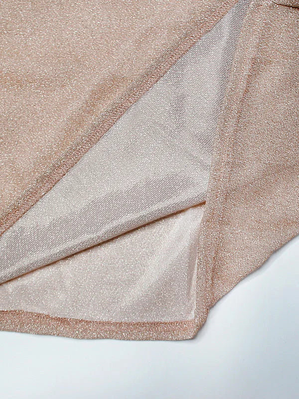 Beige shimmer V-neck wrap maxi dress for women, featuring long sleeves and a flowing design for special occasions.