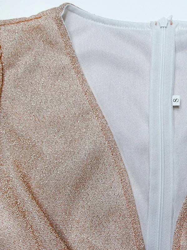 Stunning women's beige shimmer wrap maxi dress with V-neck and long sleeves, ideal for evening events.