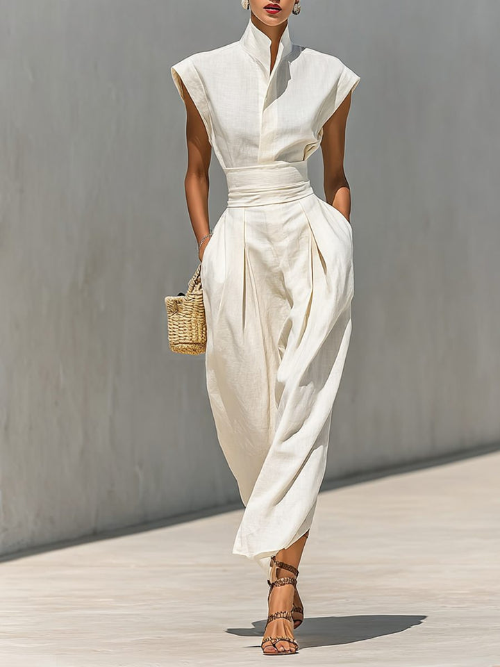 Elegant women's beige sleeveless lapel belted maxi dress, perfect for formal occasions & evening parties.
