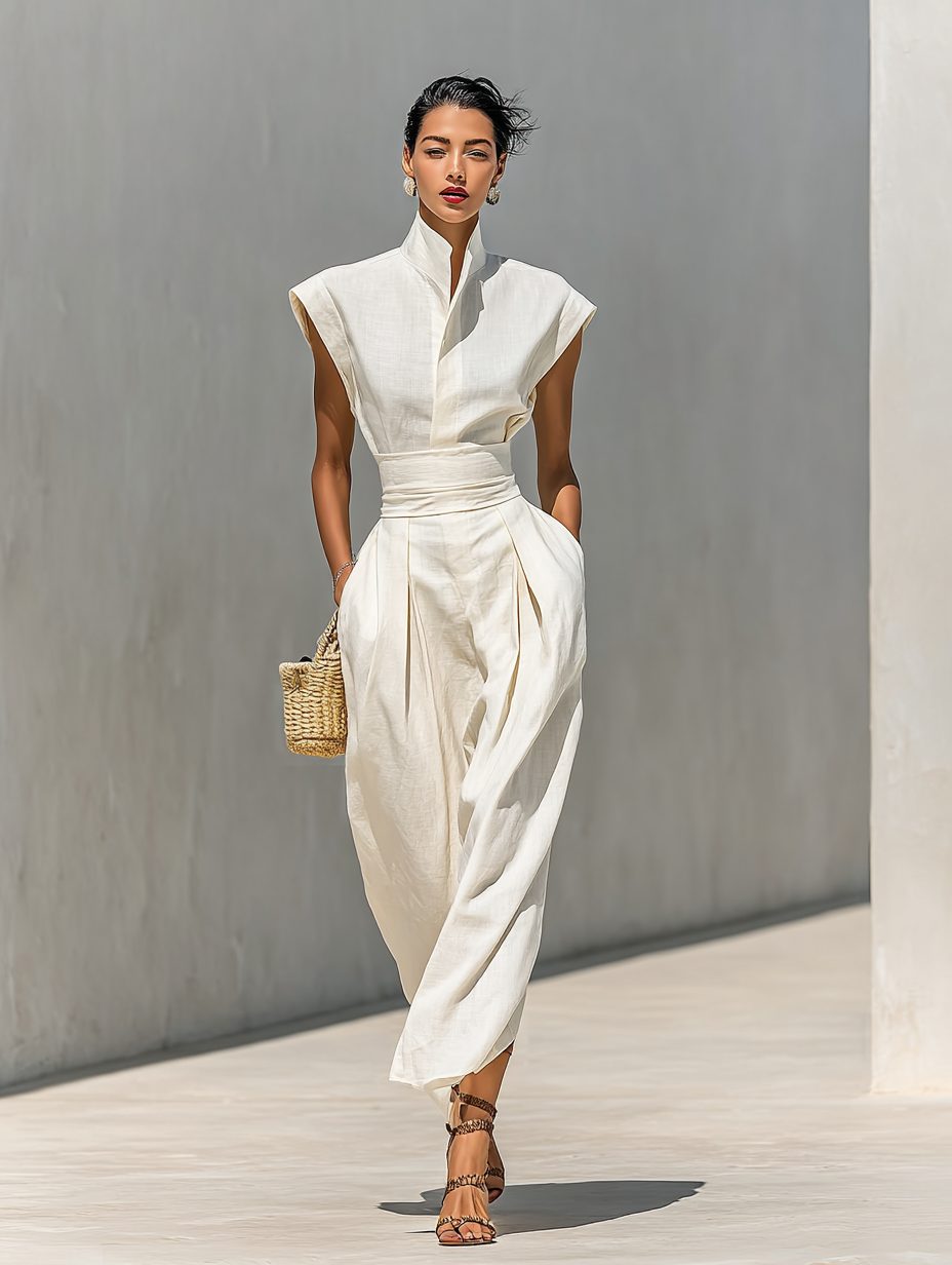 Stylish beige sleeveless wrap maxi dress for women, featuring an elegant lapel and a flattering belted design.