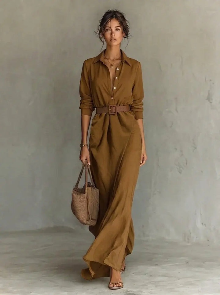 Elegant Women's Belted Maxi Dress with long sleeves & shirt collar. Perfect for casual or formal wear.