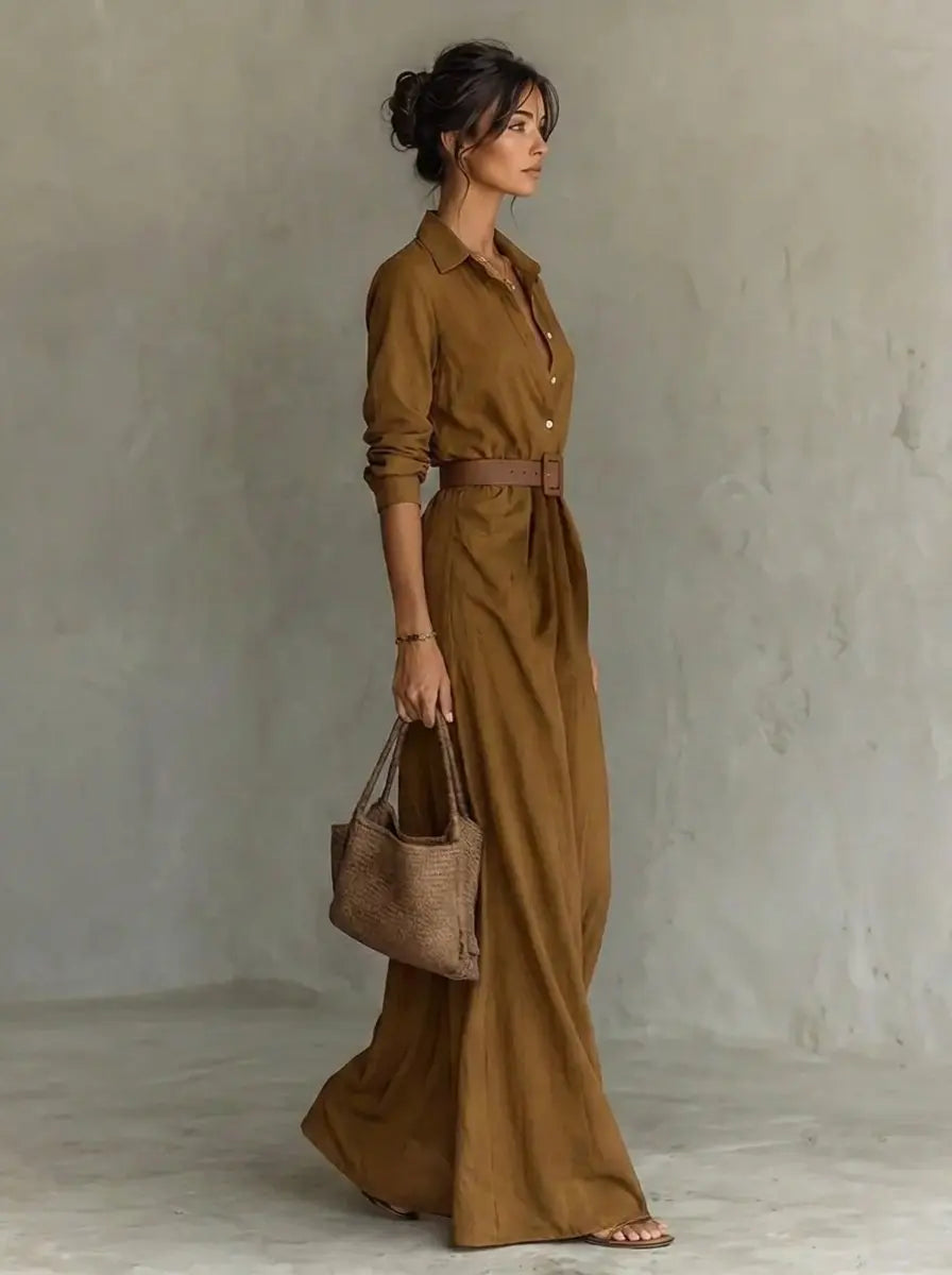 Khaki Women's Belted Maxi Dress, long sleeve, shirt collar, flowy. Ideal for office or elegant occasions.