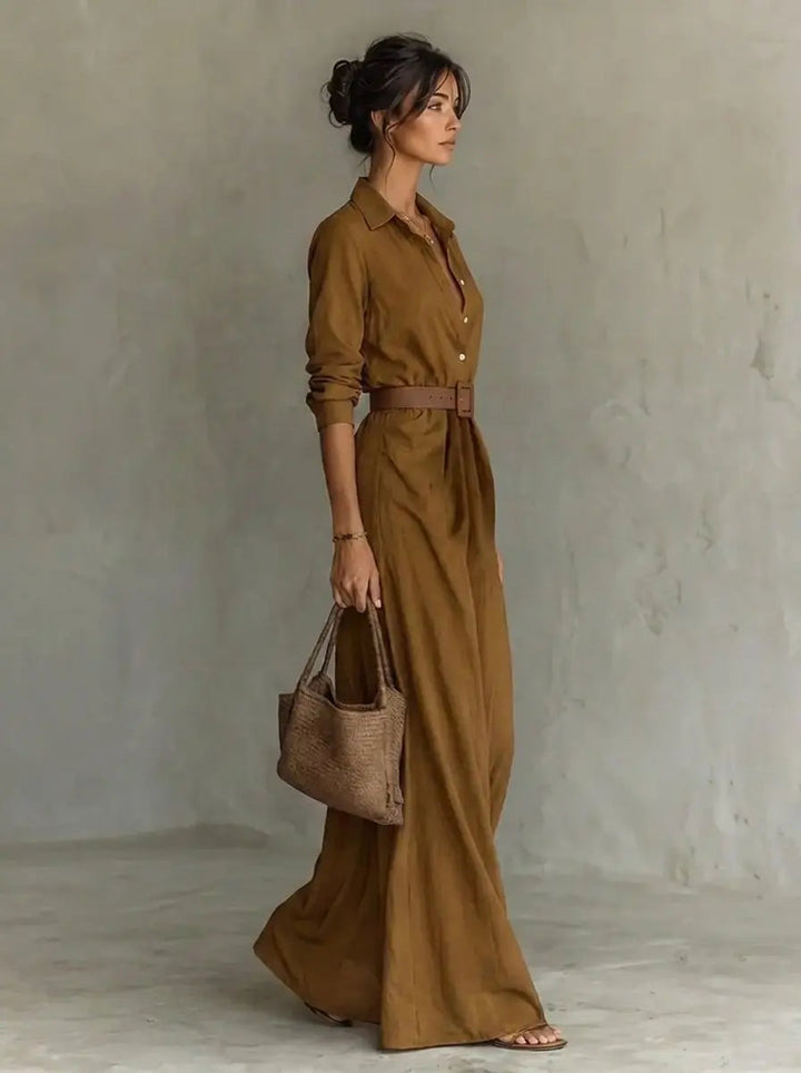 Khaki Women's Belted Maxi Dress, long sleeve, shirt collar, flowy. Ideal for office or elegant occasions.