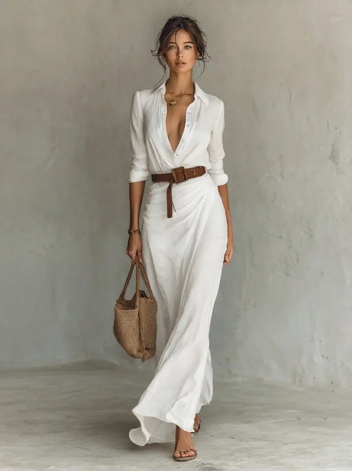 Black Women's Flowy Maxi Dress with long sleeves, belted waist, & classic shirt collar. Comfortable & stylish.