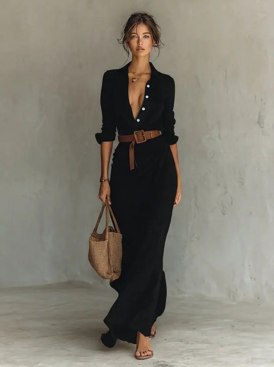 Women's long sleeve belted maxi dress, shirt collar. A chic, versatile dress for office, casual, or formal events.