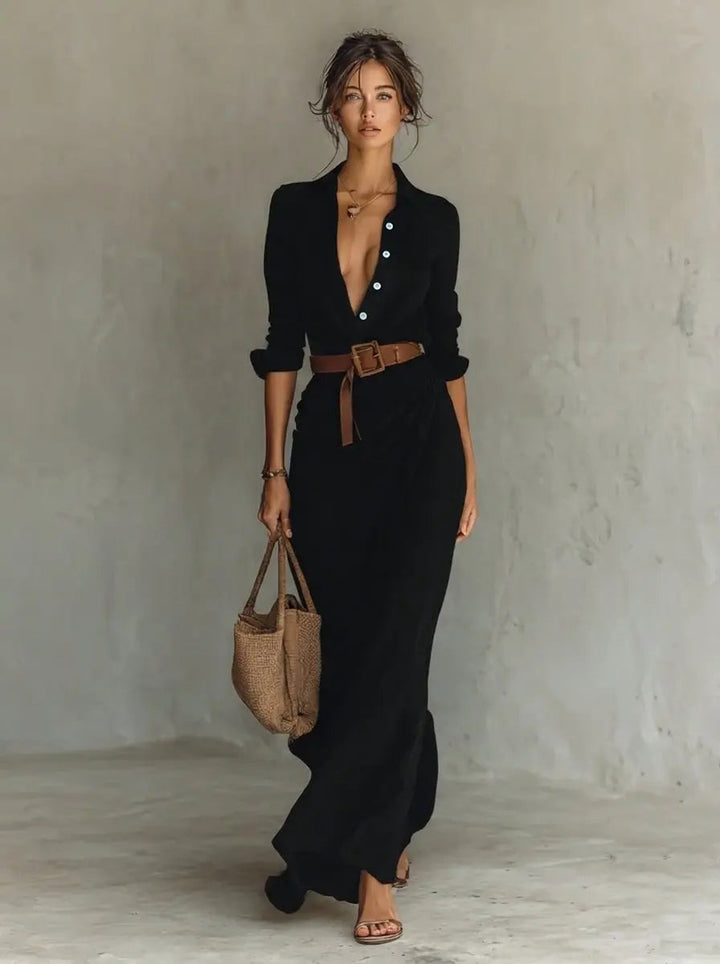 Women's long sleeve belted maxi dress, shirt collar. A chic, versatile dress for office, casual, or formal events.