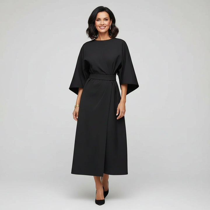 Elegant women's belted midi dress, sophisticated and comfortable fit