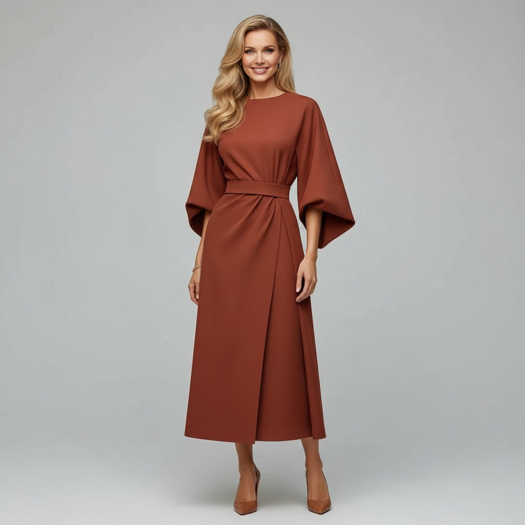 Women's midi dress with elegant belt, designed for a comfortable, stylish fit