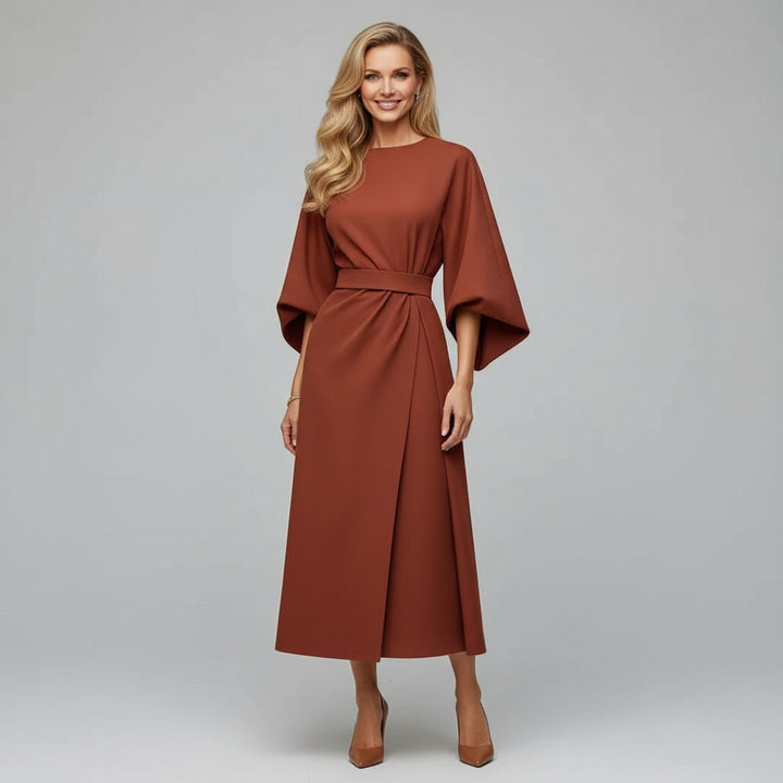 Women's midi dress with elegant belt, designed for a comfortable, stylish fit